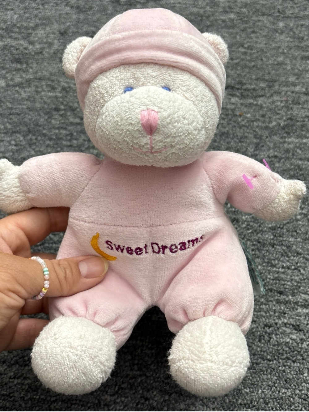 Russ Sweet Dreams Pink Plush Bear Rattle Moon Hat Blue Eyes Pajama PJs 8" Doll